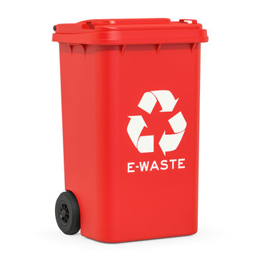 Red recycling trash can for e-waste, 3D rendering