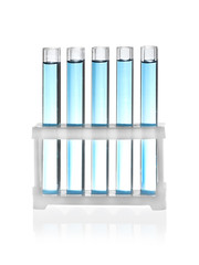Test tubes with blue liquid isolated on white. Laboratory glassware