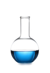 Florence flask with blue liquid isolated on white. Laboratory glassware
