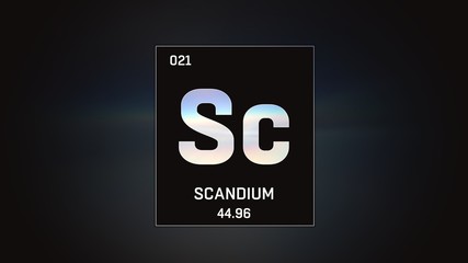 3D illustration of Scandium as Element 21 of the Periodic Table. Grey illuminated atom design background with orbiting electrons. Design shows name, atomic weight and element number