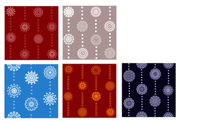 Fototapeta na wymiar Set of 5 snowflake color seamless pattern