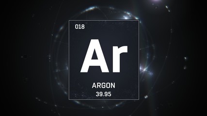 3D illustration of Argon as Element 18 of the Periodic Table. Silver illuminated atom design background with orbiting electrons. Design shows name, atomic weight and element number