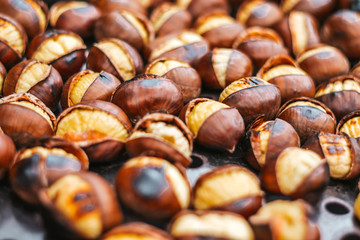 Fried  chestnuts on the metal plate