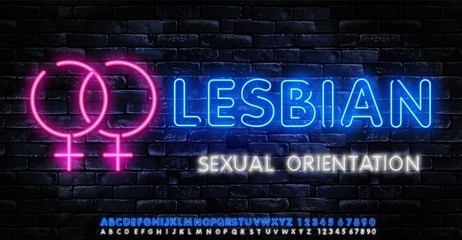 Lesbian neon icons set. Sexual orientation concept, collection light signs. Sign boards, light banner. Neon isolated icon, emblem, design template. Vector Illustration