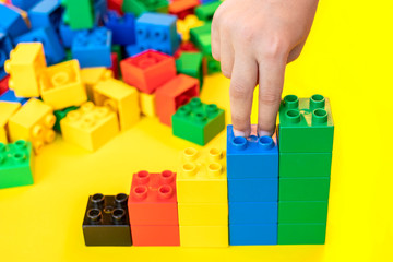 Fingers walking up on stacks bar graphs plastic building blocks toy bricks on yellow background.