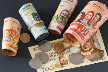 Bolivian money, Bolivianos. Banknotes of various denominations
