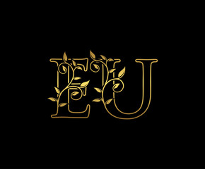 Golden letter E and U, EU vintage decorative ornament emblem badge, overlapping monogram logo, elegant luxury gold color on black background.