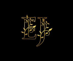 Golden letter E and J, EJ vintage decorative ornament emblem badge, overlapping monogram logo, elegant luxury gold color on black background.