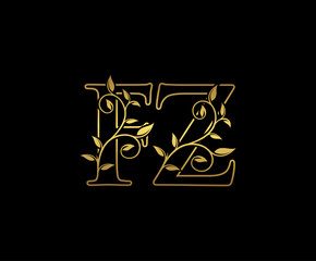 Golden letter F and Z, FZ vintage decorative ornament emblem badge, overlapping monogram logo, elegant luxury gold color on black background.