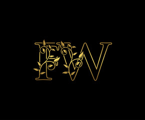 Golden letter F and W, FW vintage decorative ornament emblem badge, overlapping monogram logo, elegant luxury gold color on black background.