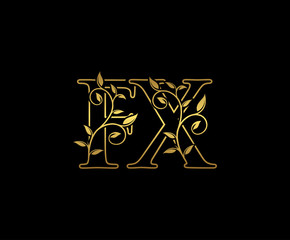 Golden letter F and X, FX vintage decorative ornament emblem badge, overlapping monogram logo, elegant luxury gold color on black background.