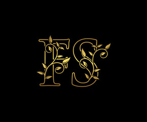 Golden letter F and S, FS vintage decorative ornament emblem badge, overlapping monogram logo, elegant luxury gold color on black background.