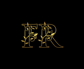 Golden letter F and R, FR vintage decorative ornament emblem badge, overlapping monogram logo, elegant luxury gold color on black background.