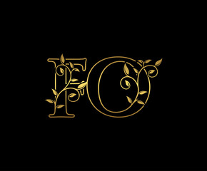 Golden letter F and O, FO vintage decorative ornament emblem badge, overlapping monogram logo, elegant luxury gold color on black background.