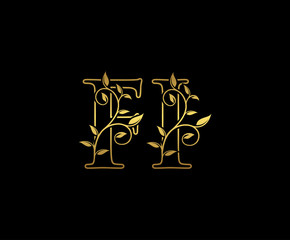 Golden letter F and I, FI vintage decorative ornament emblem badge, overlapping monogram logo, elegant luxury gold color on black background.