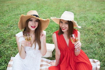 Young attractive girls on a picnic in a city park.