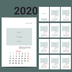 Geometrical Wall Monthly Calendar for 2020 Year. Vector Design Print Template with Place for photo. A3, A2 or bigger. Week Starts Monday. Portrait Orientation. Set of 12 Months and Cover. 13 pages