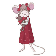 Cute cartoon girl mouse hugging a plush toy. Isolated object on white background. Decor element for for gift card and kids products (room, clothes, stationery).