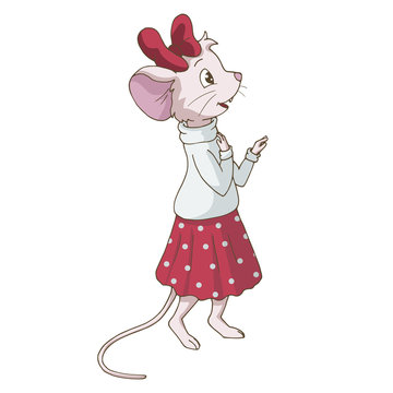 Cute cartoon mouse wearing sweater and skirt. Isolated object on white background. Decor element for for gift card and kids products (room, clothes, stationery).