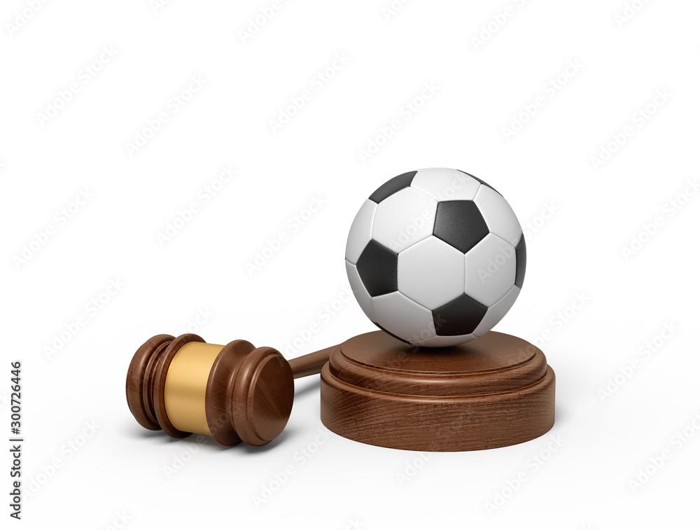 Poster 3d rendering of football on sounding block with judge gavel lying beside.