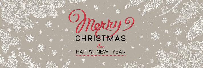 Fototapeta Christmas banner with branches of christmas tree on brown. Happy new year greeting. obraz