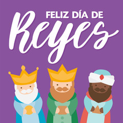 The three kings of orient, Melchior, Gaspard and Balthazar, on a purple background. Christmas vectors. Happy Epiphany written in Spanish