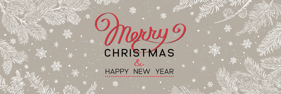 Christmas banner with branches of christmas tree on brown. Happy new year greeting.