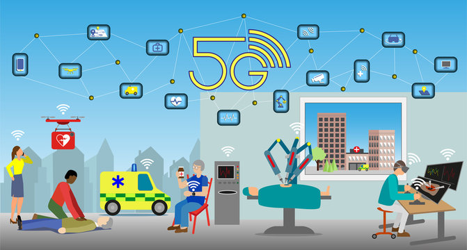 Modern healthcare with 5G technology enables new possiblities with everything connected. Remote robotic surgery, ambulance drones, defibrillator availability, health recording, Vector Illustration.