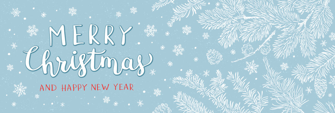 Christmas banner with branches of christmas tree on blue. Happy new year greeting.
