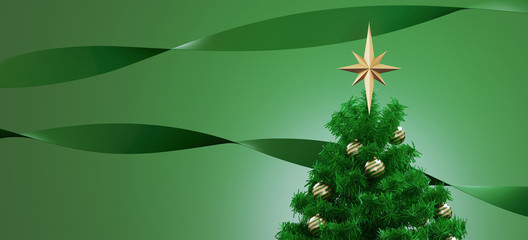 Minimal abstract background for New year and  Christmas holiday concept. Green decorated pine tree and green ribbon on green background. 3d rendering illustration.
