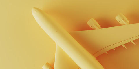 Minimal composition for travel journey concept. Top view of yellow airplane and yellow background. 3d rendering illustration. © 3DJustincase