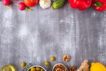 Assorted of vegetables, nuts, fruit and spices. Vegetarian food. Copy space. Flat lay