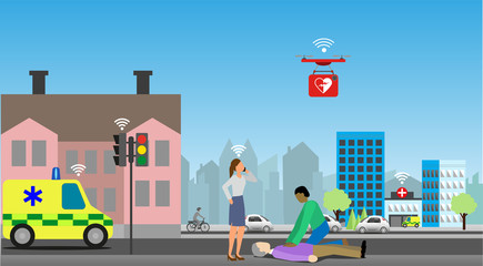 Obraz na płótnie Canvas Internet of Things (IoT) Use Case, enabling efficient first aid, defibrillator by droner, ambulance traffic optimization, hospital alert. Vector Illustration. 