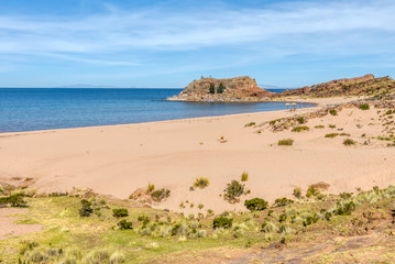 View of Sand Beach onTaquile Island in Lake Titicaca, 45 kms offshore from the city of Puno in Peru