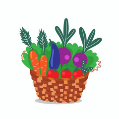 Wicker basket with useful vegetables. Local production. Environmentally friendly products. Farming. Isolated editable vector