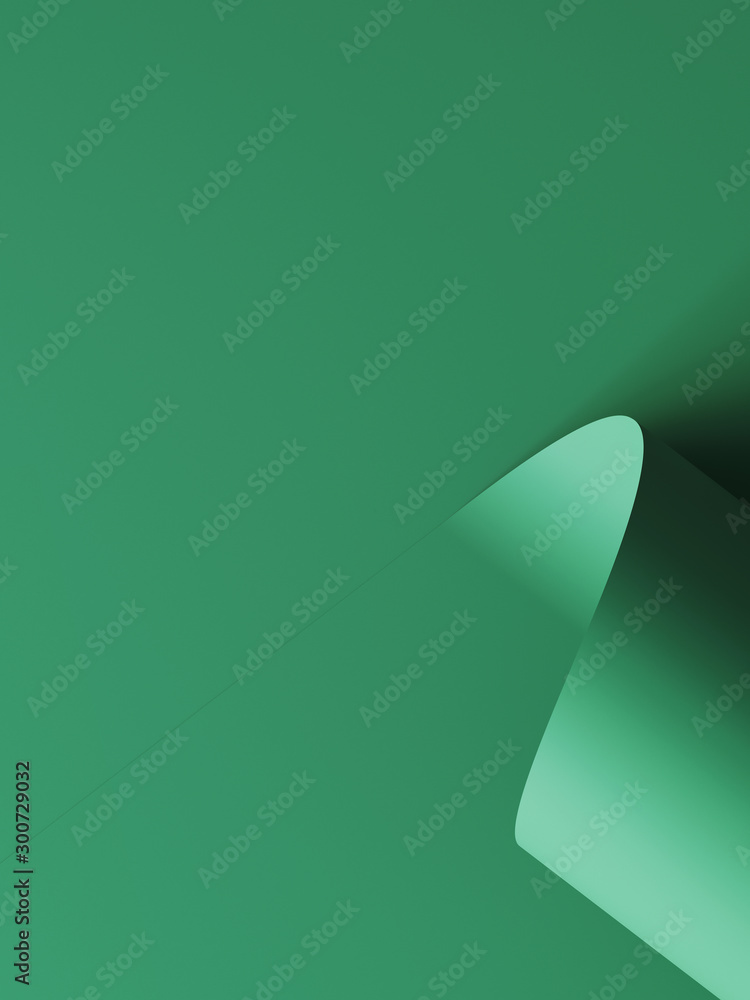 Poster cosmetic background for product presentation. green color paper roll background. 3d rendering illust
