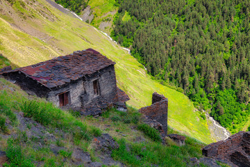 Ancient national stone house in the Caucasus Mountains, Georgia.