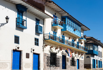 Street with Blue Windows, Shutters and Balconies in Cusco, Peru