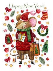 Watercolor Christmas card with a boy mouse in a red sweater and pants. Hand-drawn mouse with a gift in hands is on the background of Christmas toys, Christmas trees, wreaths, gifts, sweets