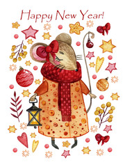 Watercolor Christmas card with a mouse girl in a yellow coat and a red bow on the ear. Hand-drawn mouse on the background of Christmas toys, Christmas trees, wreaths, gifts, sweets.