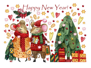 Watercolor Christmas card with a pair of mice in love. Hand drawn mice with gifts in hands on the background of a Christmas tree, gifts, toys, hearts, stars, New Year's gifts.