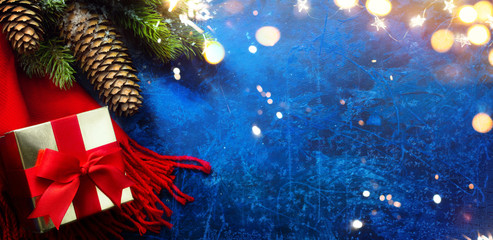 Art Merry and Bright Christmas and Happy New Year greeting card holidays backdropwith Christmas...