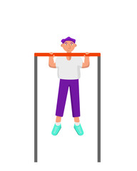 Bodyweight concept. Strong young fit man is doing pull up or chin up hanging on horizontal bar.