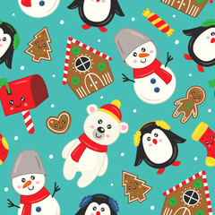 seamless pattern with cute characters and other Christmas elements   - vector illustration, eps    