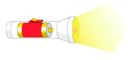 Flashlight internal structure. with on / off switch, light bulb, battery and battery. Flash light anatomy. 2d vector illustration