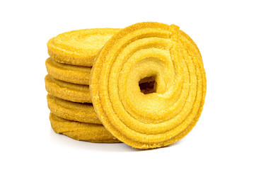 Stack of butter cookies on white background