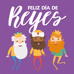 The three kings of orient, Melchior, Gaspard and Balthazar, on a purple background. Christmas vectors. Happy Epiphany written in Spanish