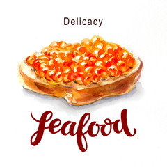 Watercolor seafood. A slice of white bread with red caviar - 300730883