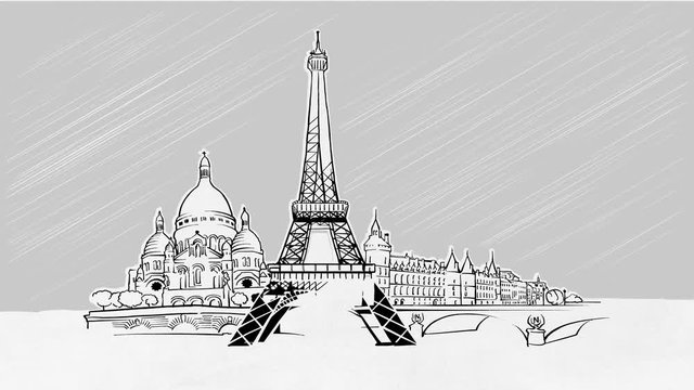 Paris France Panorama Sketch Selfdrawing Lines