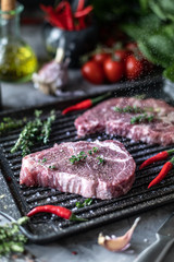 Raw fresh meat. Steak for two with ingredients in a grill pan, with spices, vegetables and herbs